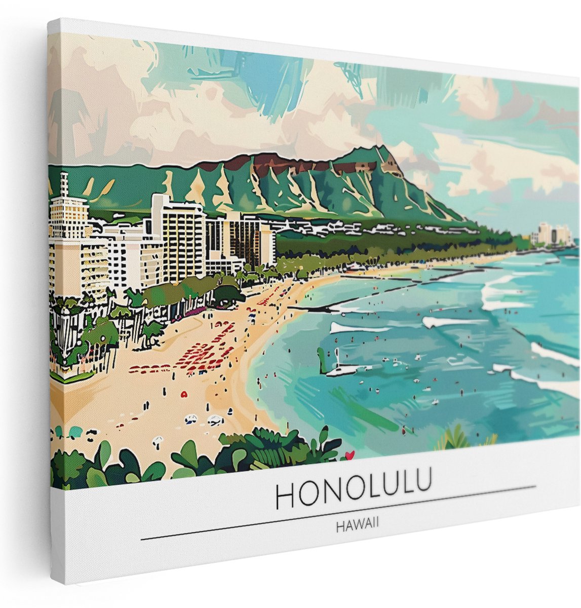 Artaza Canvas Schilderij Waikiki Beach - 160x120 cm - Groot - Wanddecoratie Hawaii Kust - Muurdecoratie Strand Skyline Honolulu - Schilderijen Op Canvas