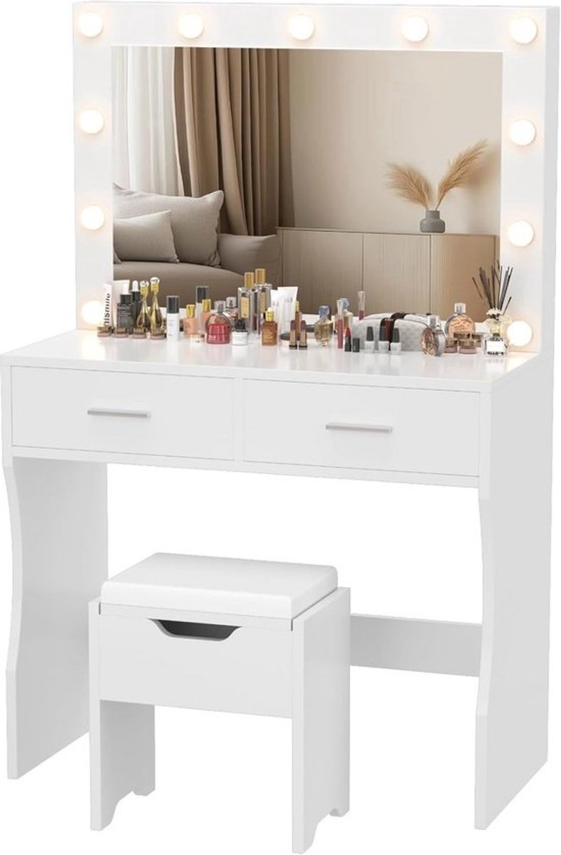 Kaptafel met kruk, 90 cm breed, witte glamoureuze tafel met grote spiegel en 11 touch-dimbare LED-lampen