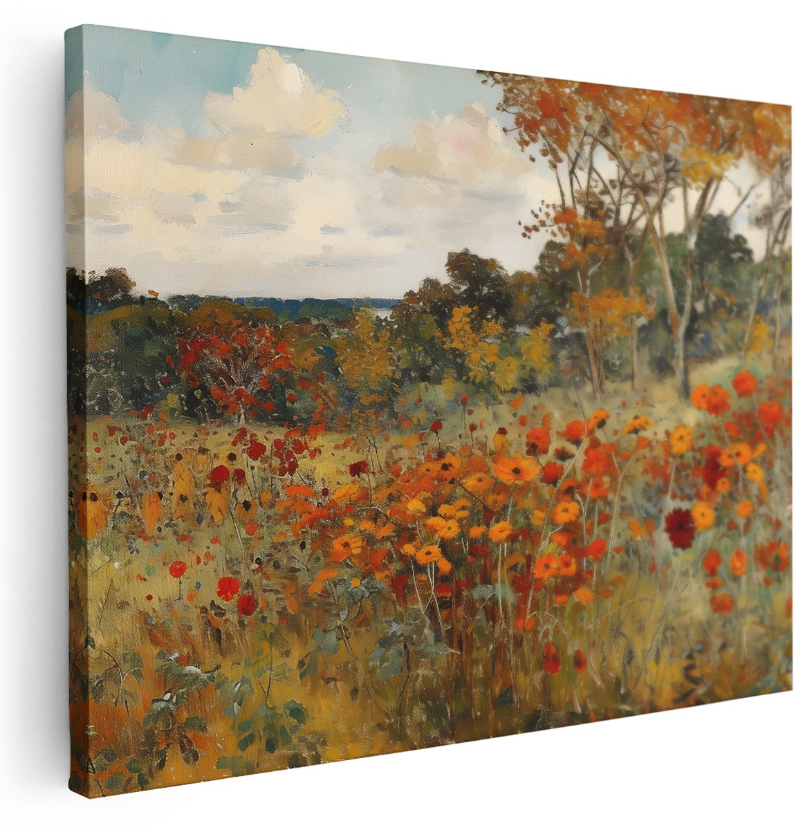 Artaza Canvas Schilderij Bloemen - 160x120 cm - Groot - Wanddecoratie Herfstlandschap - Muurdecoratie Natuur Bomen - Kamer Accessoires Woonkamer Oranje