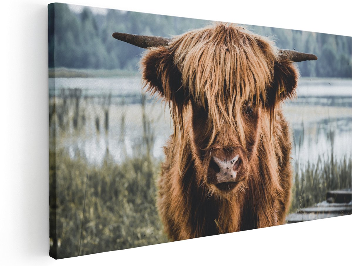 Artaza Canvas Schilderij Schotse Hooglander Koeienkop Bij Een Meer - 180x90 cm - Groot - Wanddecoratie Woonkamer - Schilderijen - Muurdecoratie