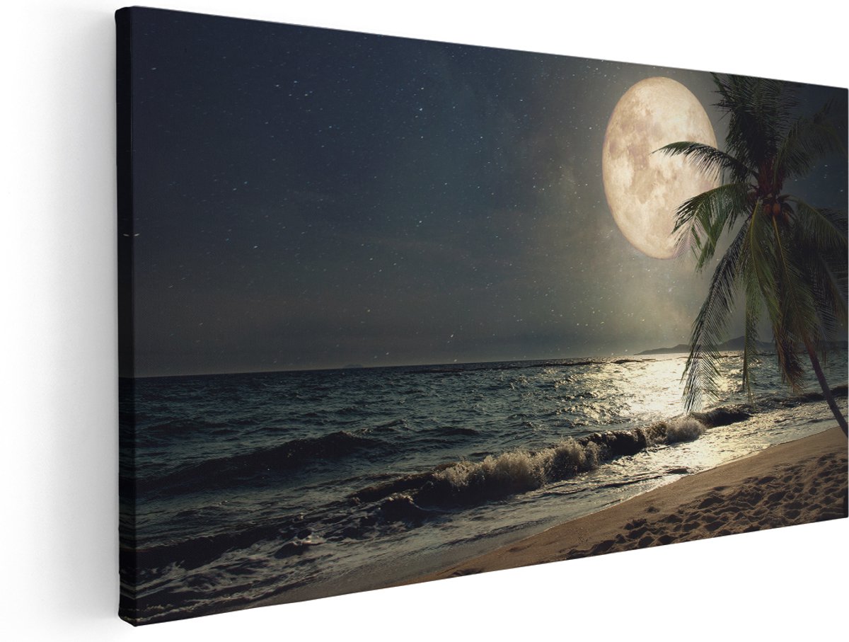 Artaza Canvas Schilderij Tropisch Strand In De Nacht Met Volle Maan - 180x90 cm - Groot - Wanddecoratie Woonkamer - Schilderijen - Muurdecoratie