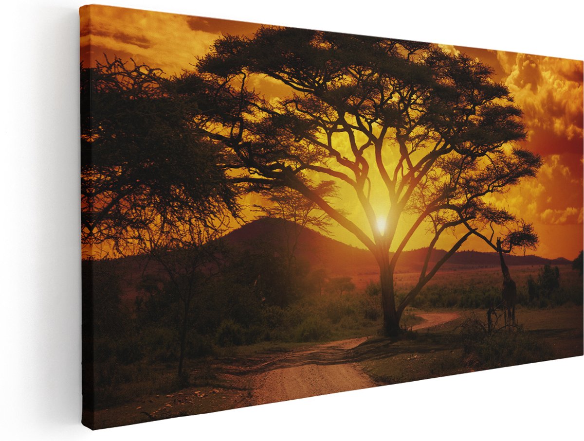 Artaza Canvas Schilderij Zonsondergang Achter Een Savanne Boom - 180x90 cm - Groot - Wanddecoratie Woonkamer - Schilderijen - Muurdecoratie