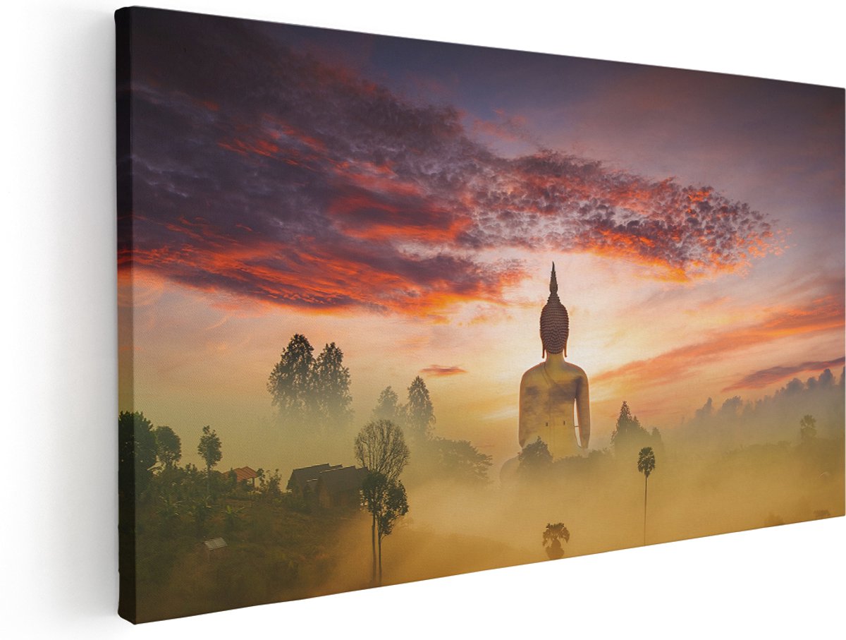 Artaza Canvas Schilderij Boeddha Beeld In De Mist - 180x90 cm - Groot - Wanddecoratie Woonkamer - Schilderijen - Muurdecoratie