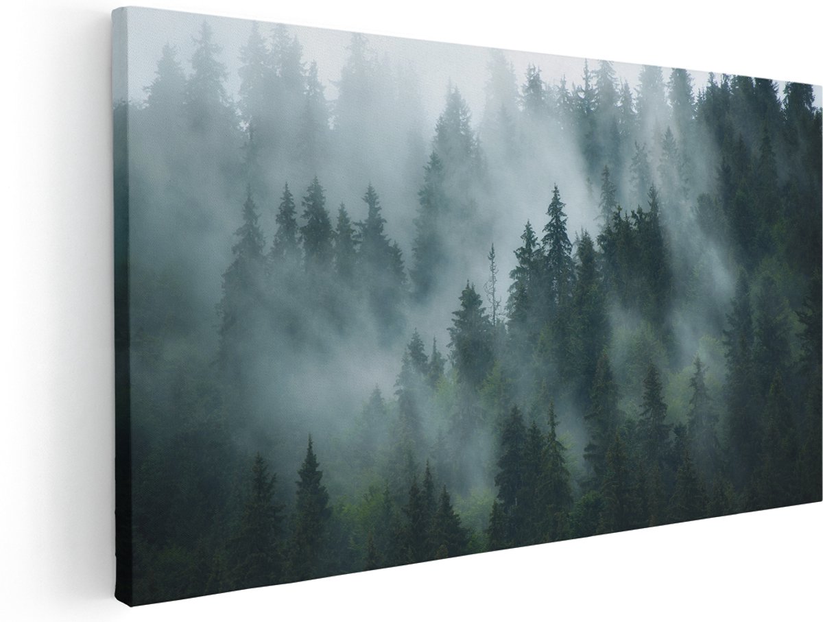 Artaza Canvas Schilderij Bos Met Bomen In De Mist - 180x90 cm - Groot - Wanddecoratie Woonkamer - Schilderijen - Muurdecoratie
