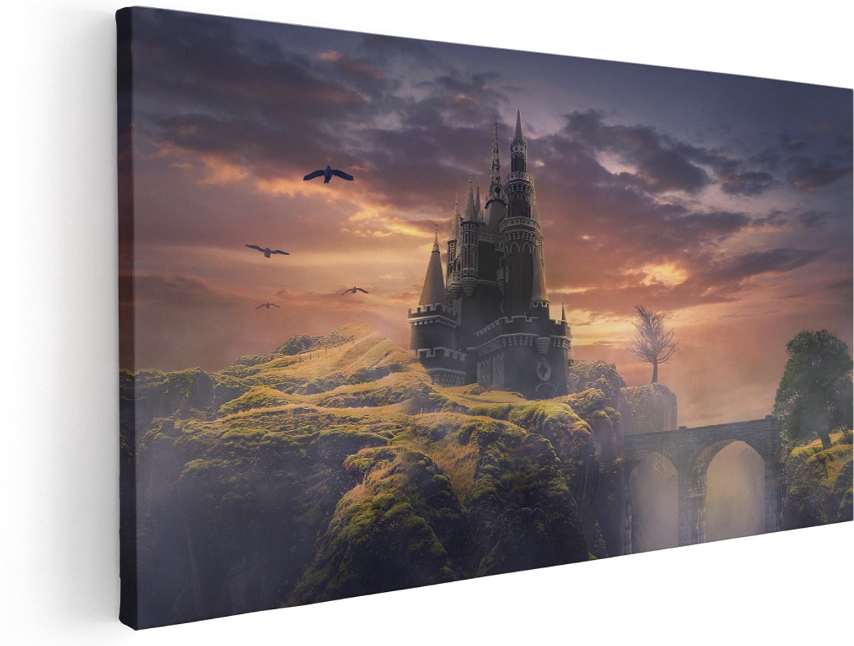 Artaza Canvas Schilderij Oud Kasteel op een Heuvel - 180x90 cm - Groot - Wanddecoratie Woonkamer - Schilderijen - Muurdecoratie