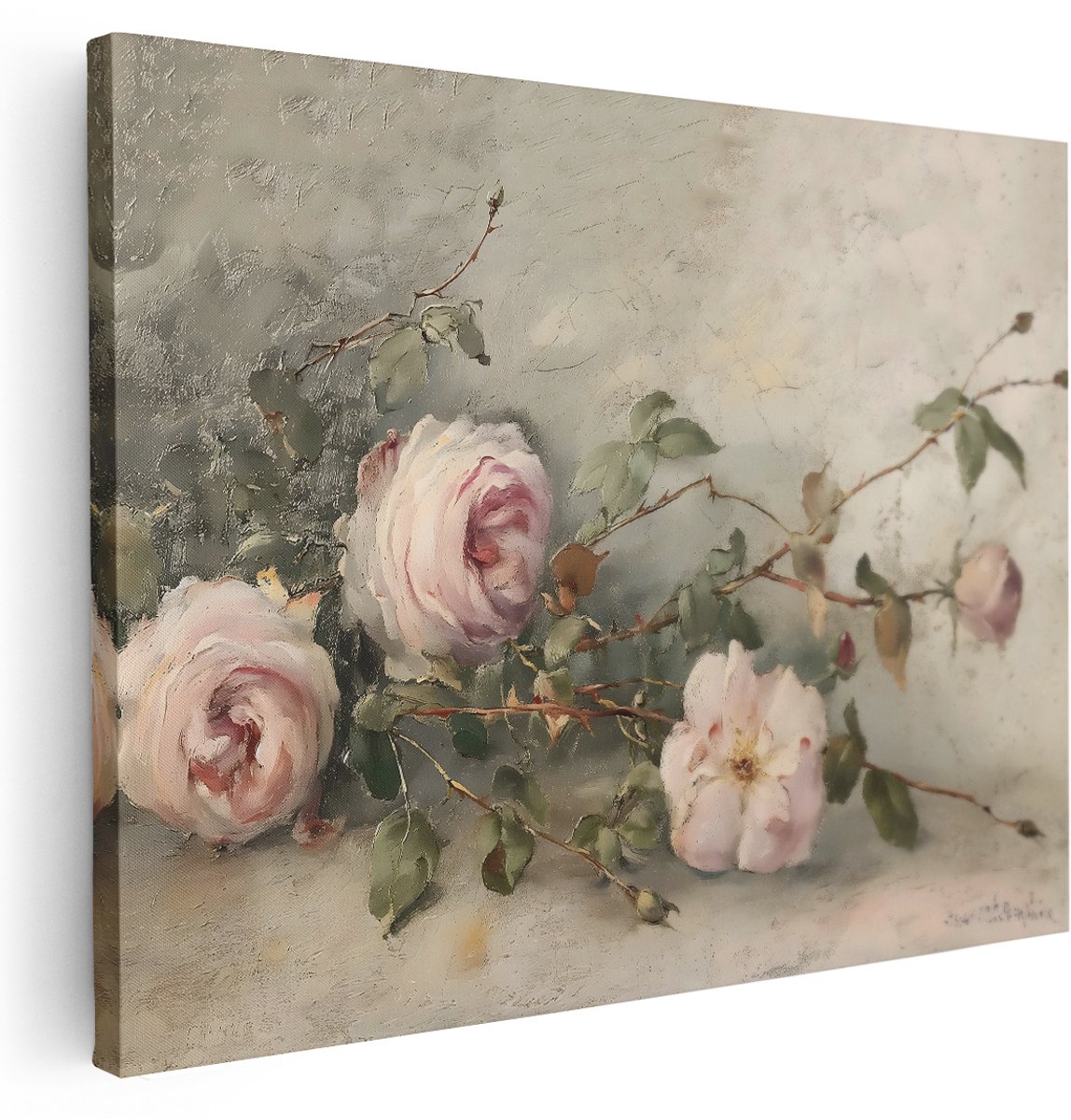 Artaza Canvas Schilderij Stilleven Bloemen - 160x120 cm - Groot - Wanddecoratie Brocante - Muurdecoratie Roze Rozen - Schilderijen Op Canvas Romantisch