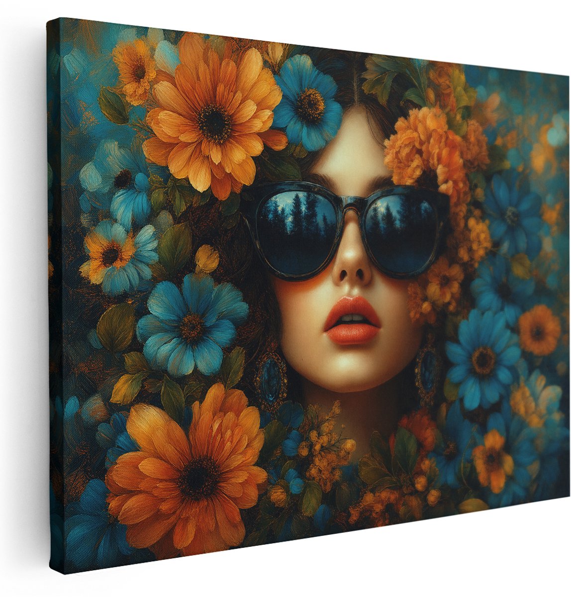 Artaza Canvas Schilderij Vrouw Met Bloemen - Blauw En Oranje - Kunst - 160x120 cm - Groot - Klein - Wanddecoratie Woonkamer - Schilderijen - Muurdecoratie