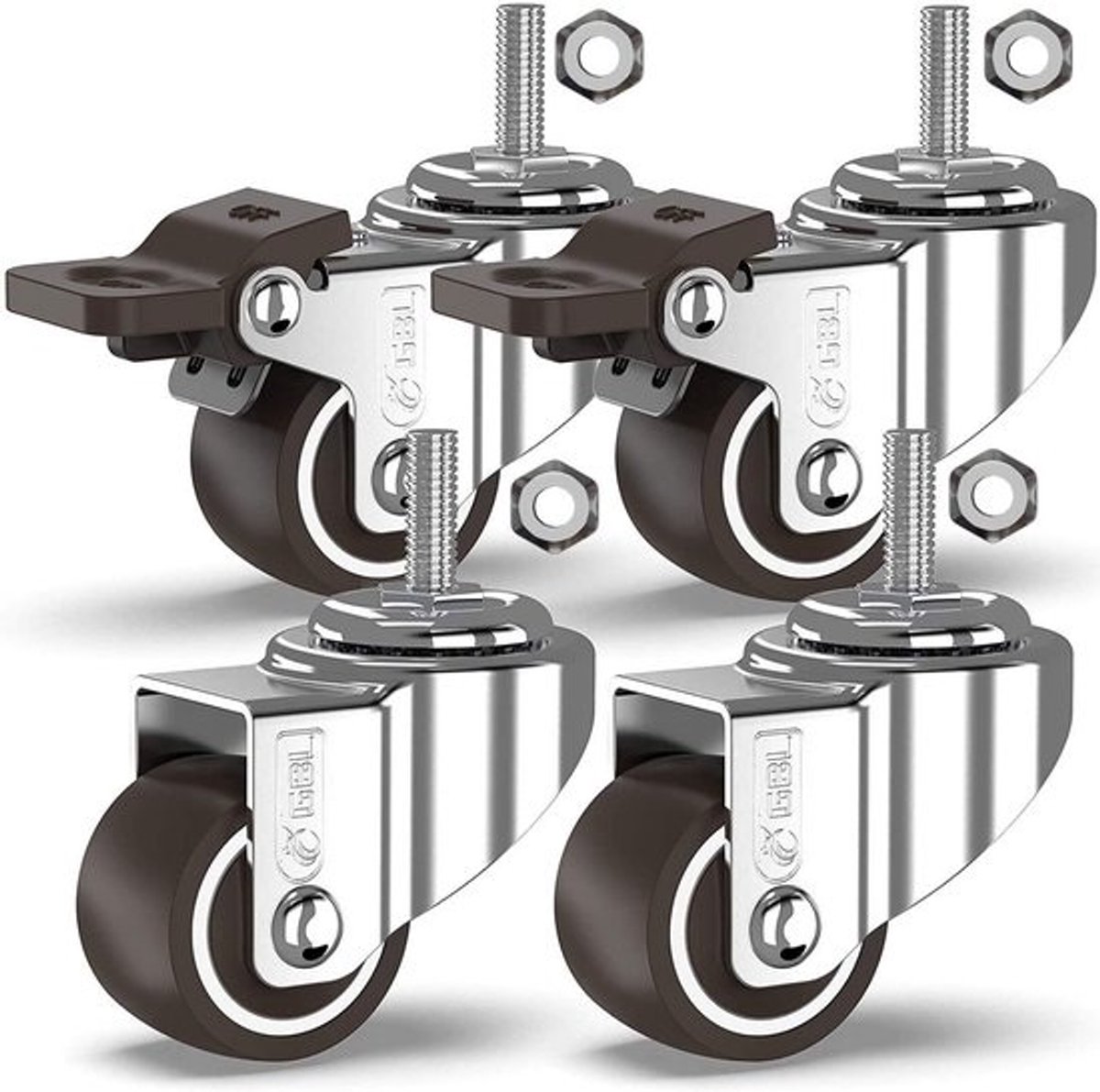 Set van 4 Zwenkwielen met Remrubber – 25mm M8x20mm Montage – Max. 40kg Draagvermogen – Stille Meubelwieltjes