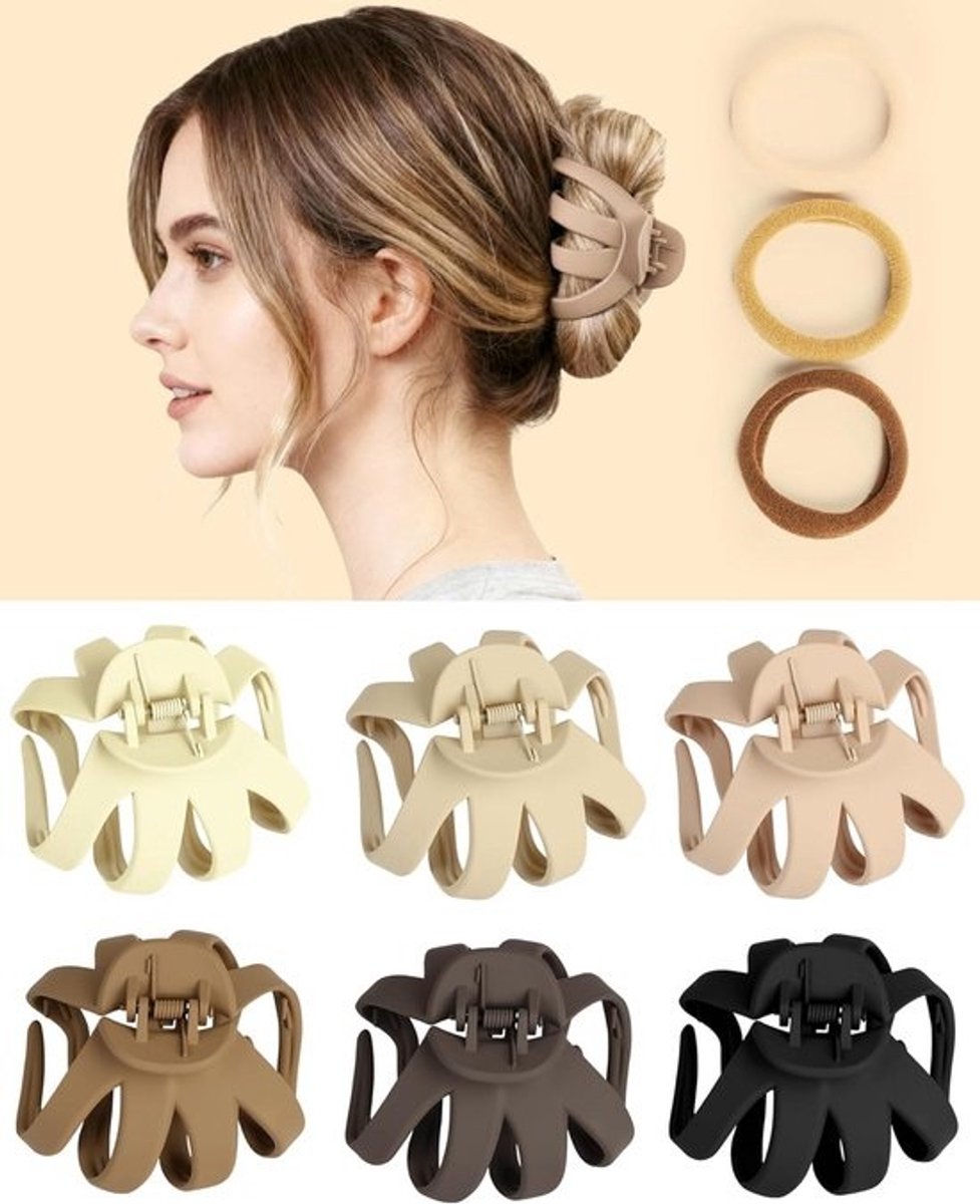 Set van 6 Grote Haarclips met Brede Klauw voor Dik, Lang en Krullend Haar - Sterke Klem voor Dames en Meisjes