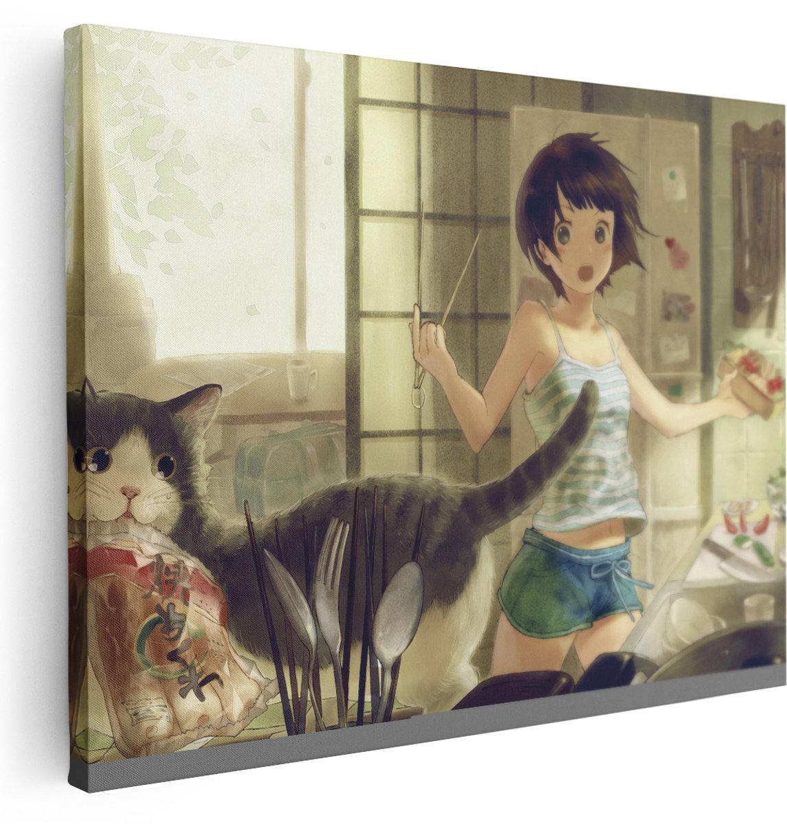 Artaza Canvas Schilderij Keuken - 160x120 cm - Groot - Wanddecoratie Anime Meisje - Muurdecoratie Kat - Kamer Accessoires Japan
