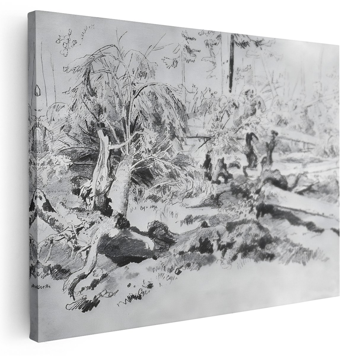 Artaza Canvas Schilderij Bos - 160x120 cm - Groot - Wanddecoratie Landschap Schets - Muurdecoratie Boom - Schilderijen Op Canvas Natuur - Zwart Wit