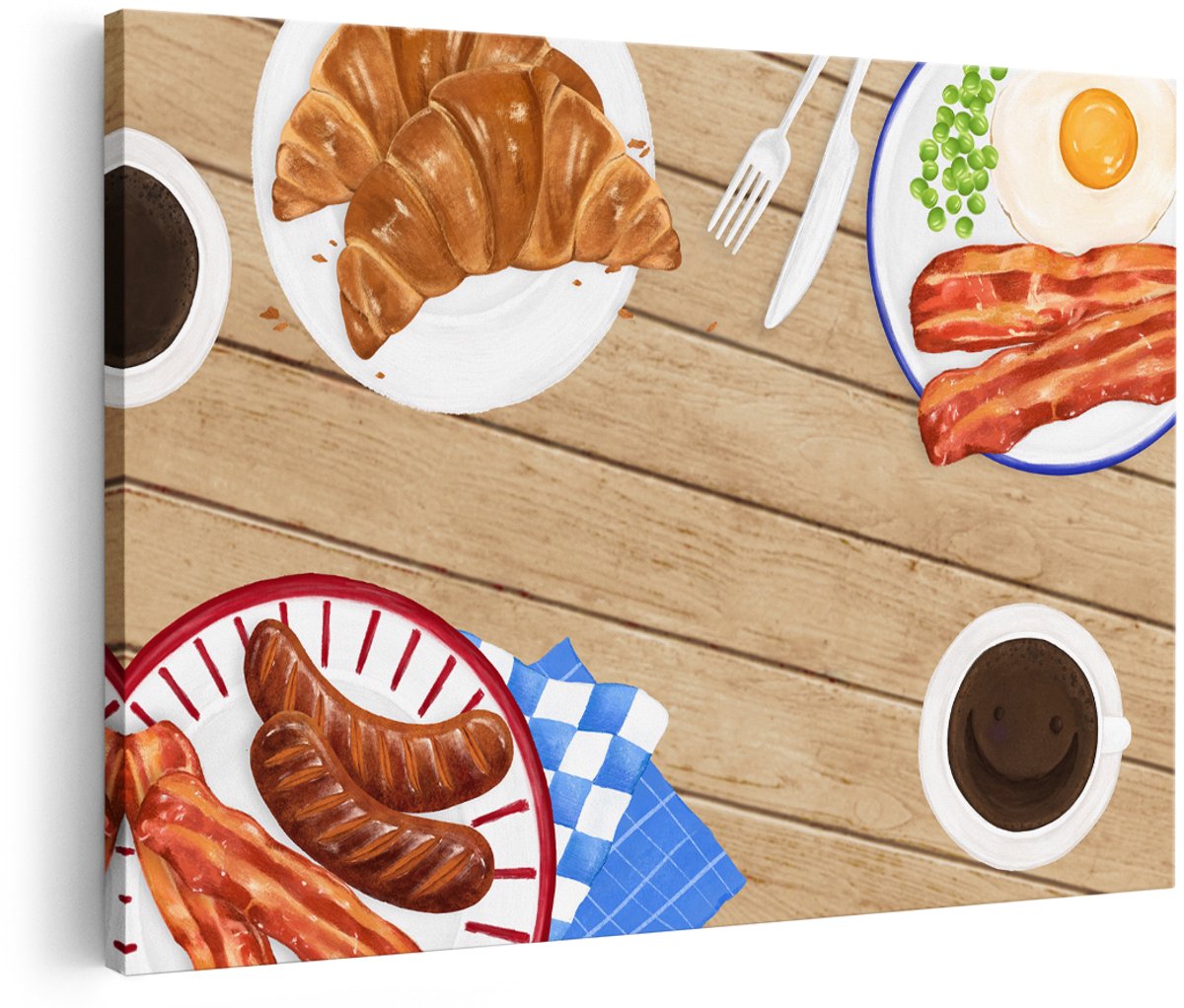 Artaza Canvas Schilderij Ontbijt - 150x100 cm - Groot - Wanddecoratie Keuken - Muurdecoratie Koffie - Decoratie Croissant Spek