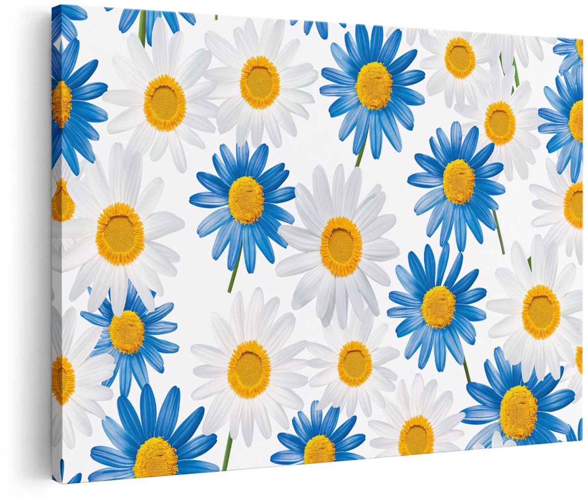 Artaza Canvas Schilderij Bloemen - 150x100 cm - Groot - Wanddecoratie Madeliefjes - Muurdecoratie Woonkamer - Decoratie Natuur - Blauw Wit