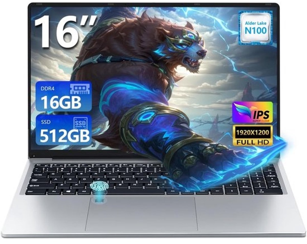 Laptop 40,6 cm (16 inch) met 16 GB RAM, 512 GB SSD en Celeron Processor N100