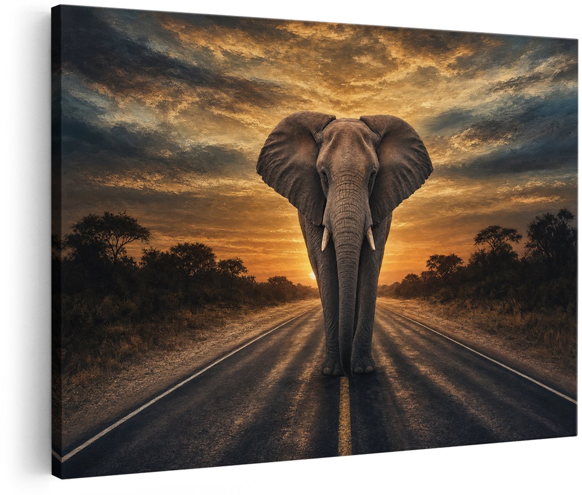 Artaza Canvas Schilderij Olifant Op De Weg - Afrika - Zonsondergang - 150x100 cm - Groot - Wanddecoratie Woonkamer - Schilderijen - Muurdecoratie