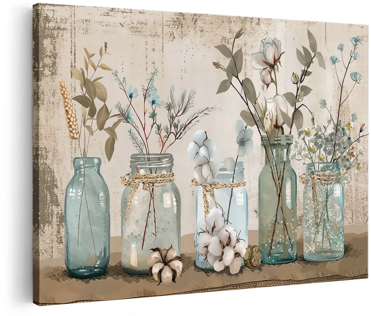 Artaza Canvas Schilderij Blauwe Stenen Potten met Bloemen - Bloemen - 150x100 cm - Groot - Wanddecoratie Woonkamer - Schilderijen - Muurdecoratie