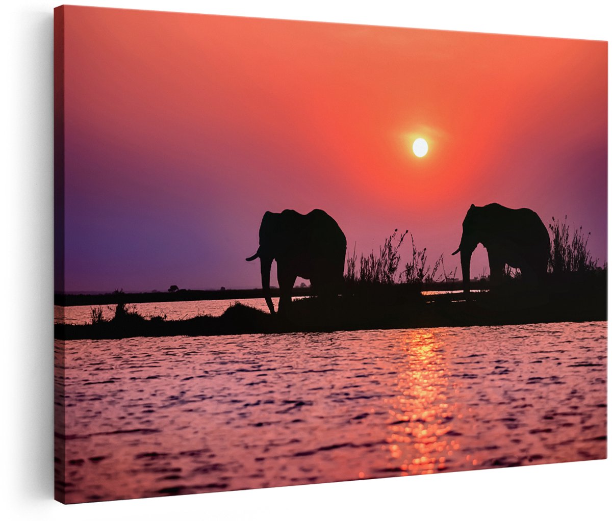 Artaza Canvas Schilderij Twee Olifanten aan het Water bij Zonsondergang - 150x100 cm - Groot - Foto Op Canvas - Wanddecoratie