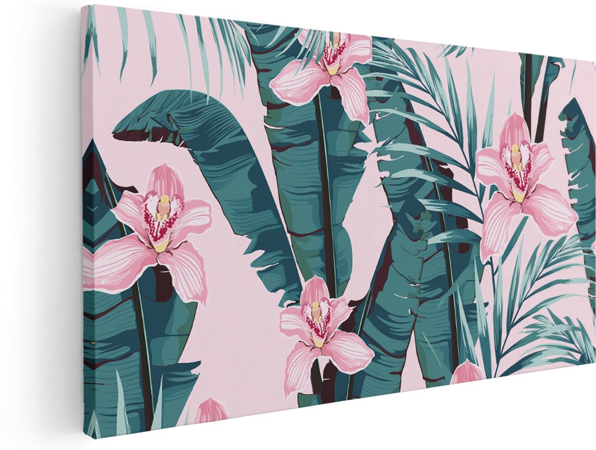 Artaza Canvas Schilderij Tropische Roze Zomer Bloemen Met Bladeren - 140x70 cm - Groot - Wanddecoratie Woonkamer - Schilderijen - Muurdecoratie