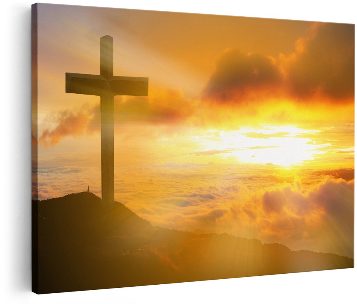 Artaza Canvas Schilderij Kruis van Jezus Christus bij Zonsondergang - 150x100 cm - Groot - Wanddecoratie Woonkamer - Schilderijen - Muurdecoratie