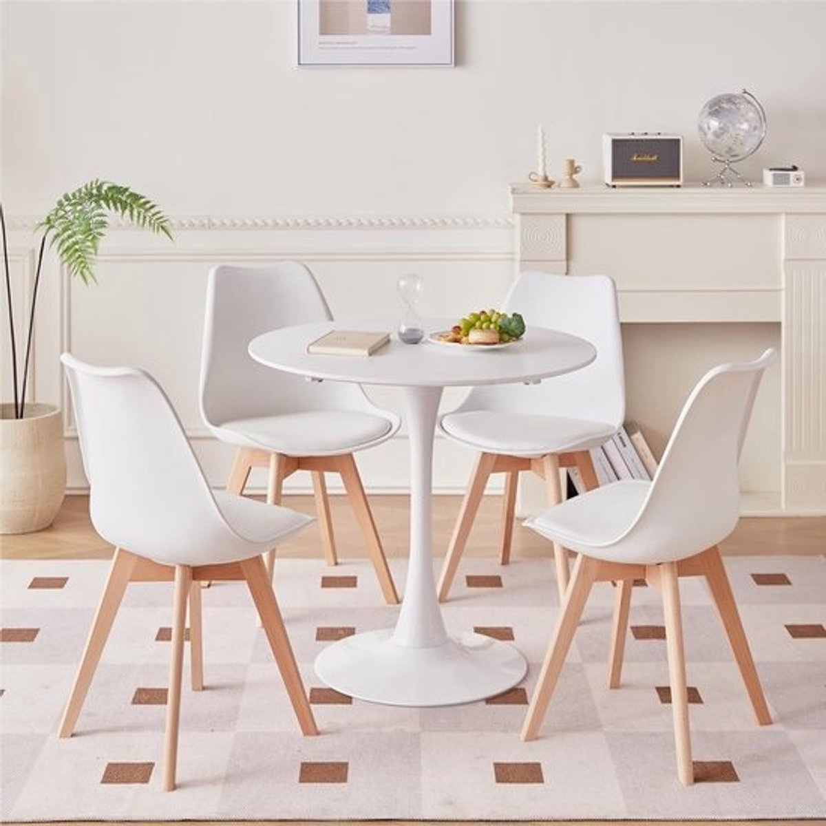 Ronde Eettafel met 4 Witte Kuipstoelen - Compact Diner Set 80 cm