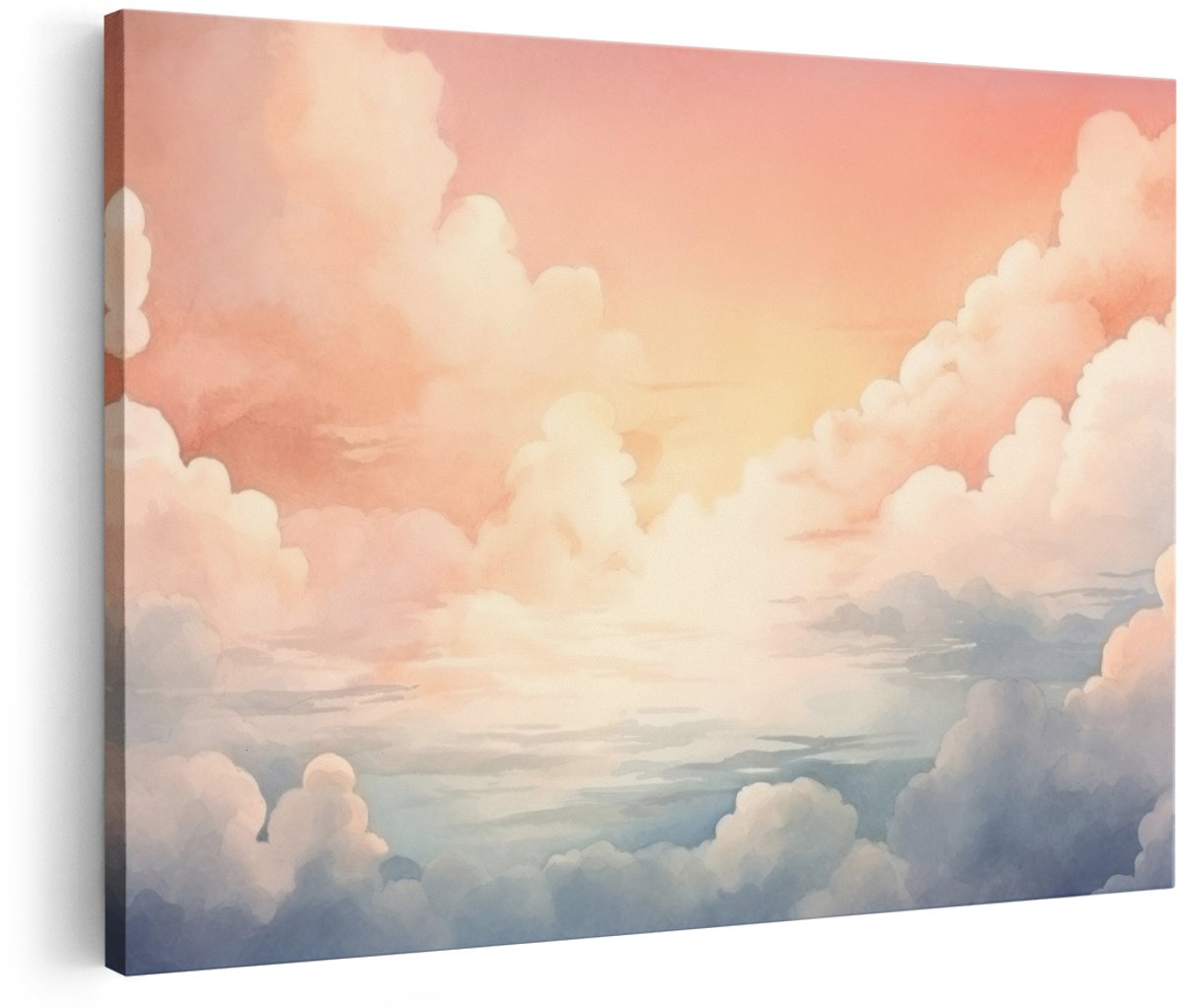 Artaza Canvas Schilderij Zonsondergang - 150x100 cm - Groot - Wanddecoratie Natuur - Muurdecoratie Wolken Pastel - Decoratie Roze Hemel