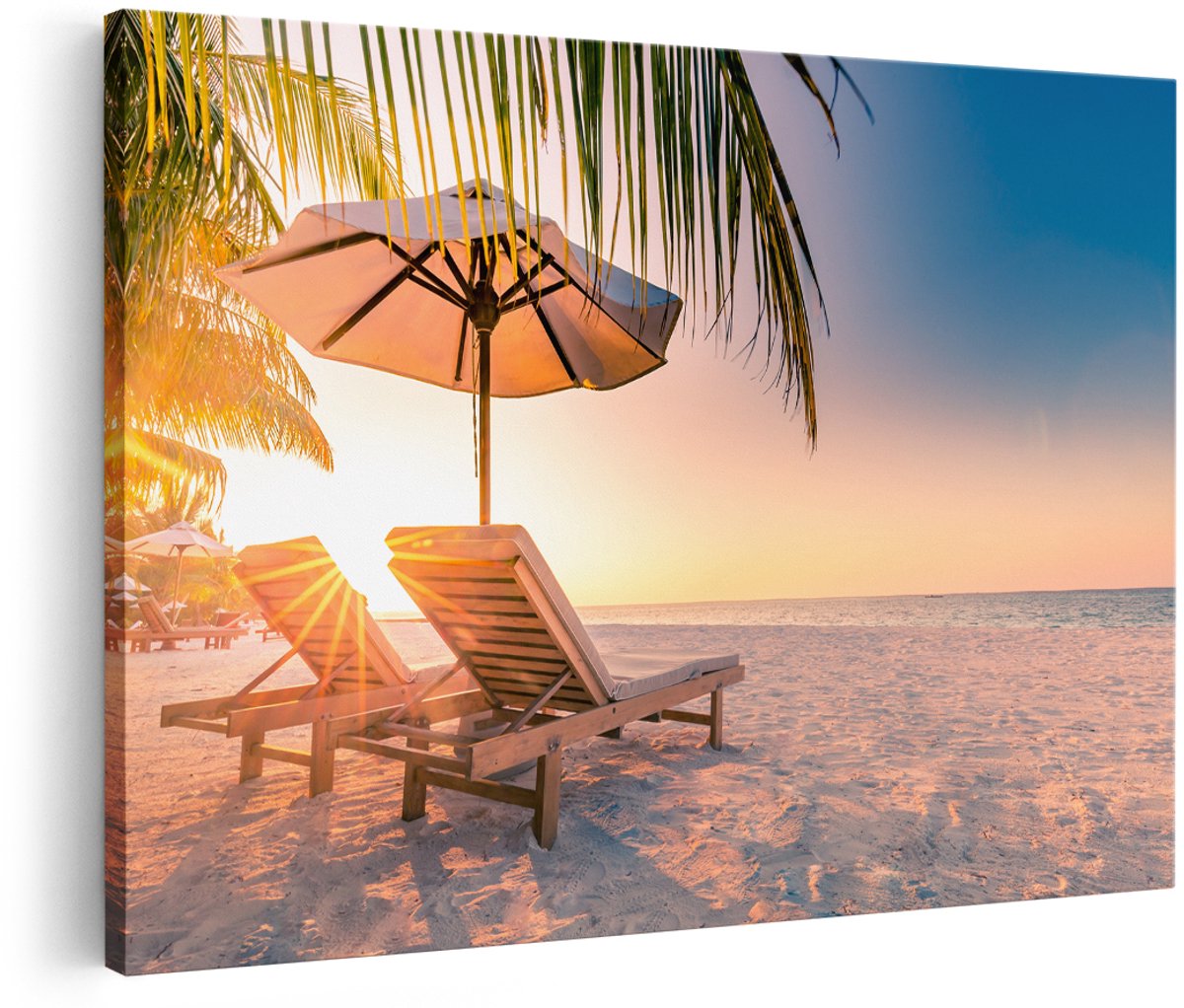 Artaza Canvas Schilderij Tropisch Strand Tijdens Zonsondergang - 150x100 cm - Groot - Wanddecoratie Woonkamer - Schilderijen - Muurdecoratie