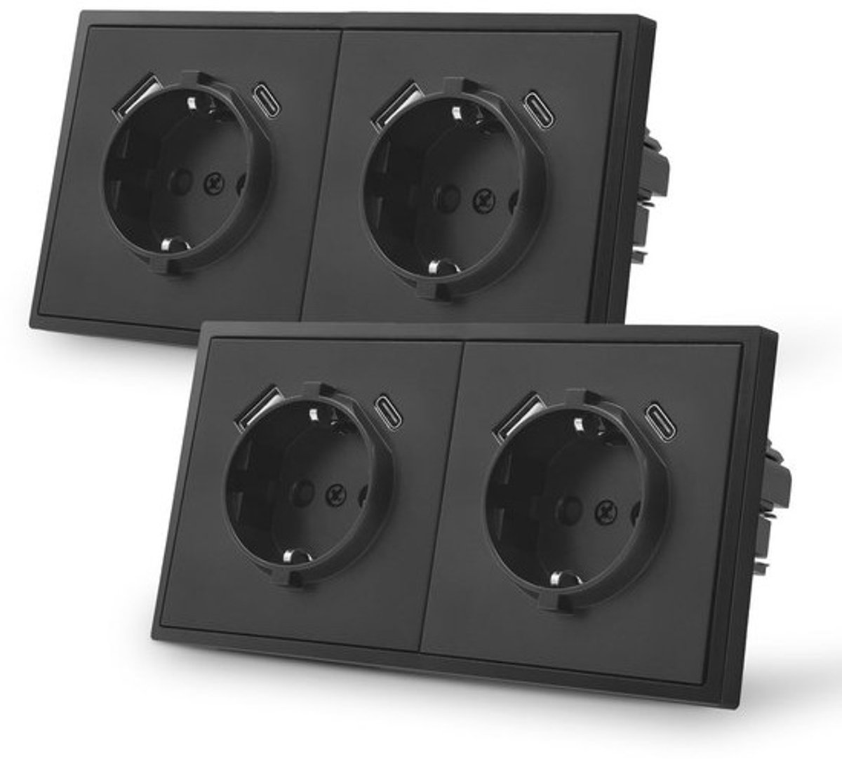 Dubbel Inbouw Stopcontact met USB-C Snelladen - EU Standaard Wandcontactdoos Zwart (2 Stuks)