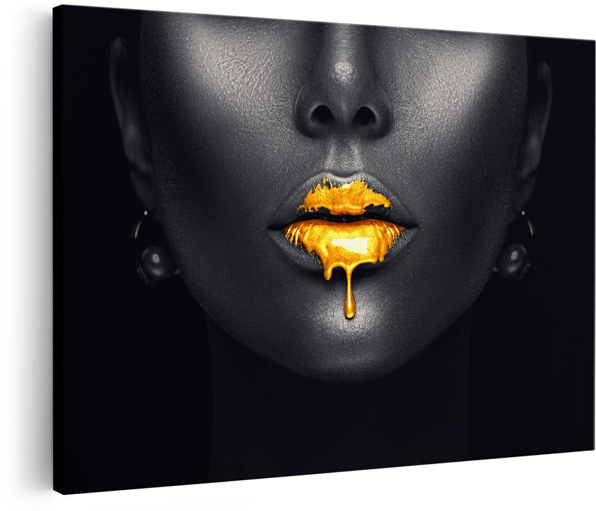 Artaza Canvas Schilderij Vrouw met Gouden Lippen - 150x100 cm - Groot - Foto Op Canvas - Wanddecoratie Woonkamer