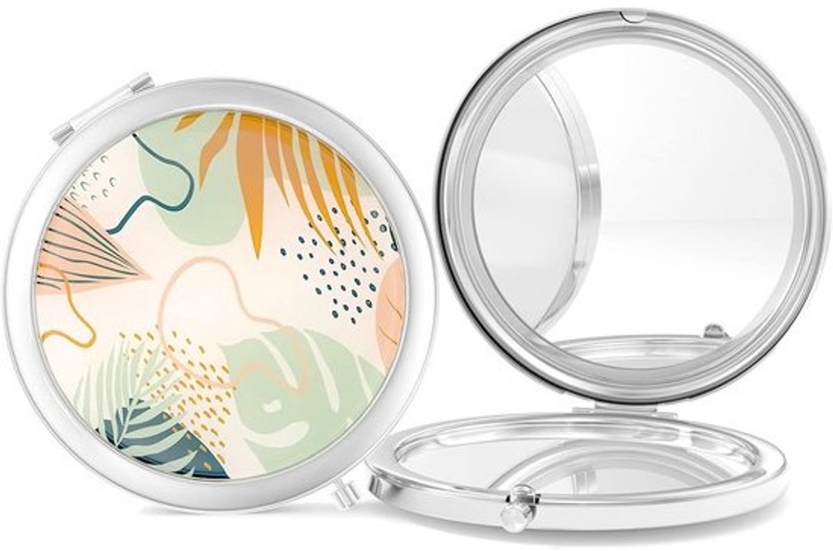 Compact Spiegel - Make-up Spiegel - Reizen - Dubbelzijdig 2x Vergroting - 7 cm Diameter - Boho Bladeren
