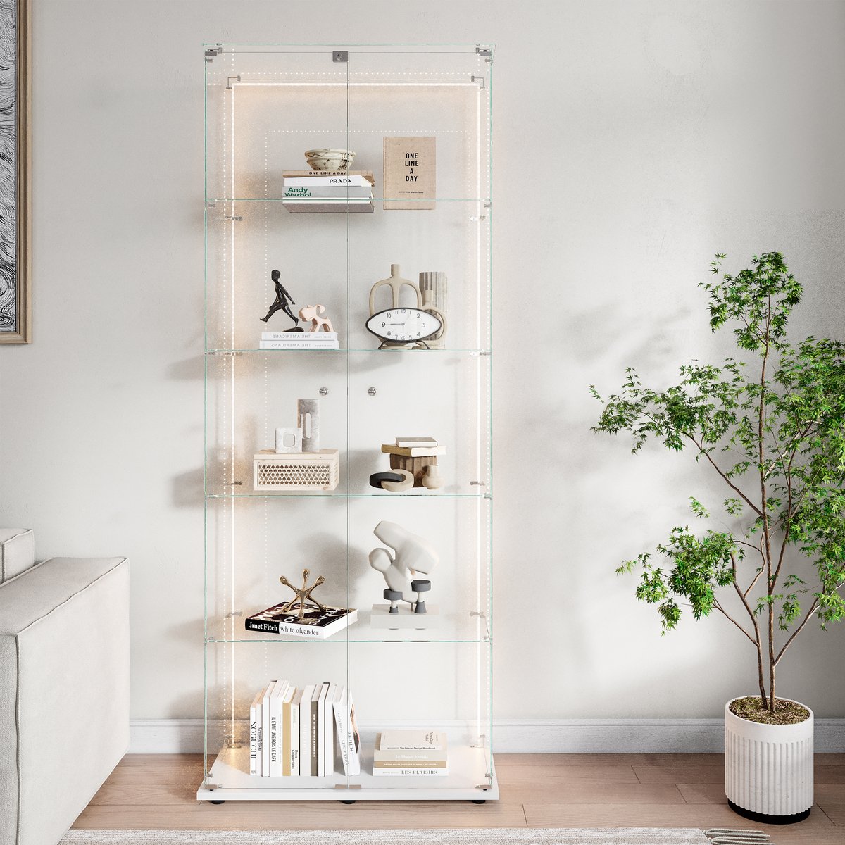 Vitrinekast 5 Laags met LED Strip – Wit – Glazen Display Kast met Slot – Showcase Kast 183