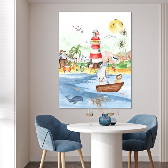 Poster kinderen - Wanddecoratie jongens - Strand - Dieren - Kinderen - Vuurtoren - Poster kinderkamer - 90x120 cm - Decoratie kinderkamers - Kinderkamer decoratie - Poster Babykamer — afbeelding 2