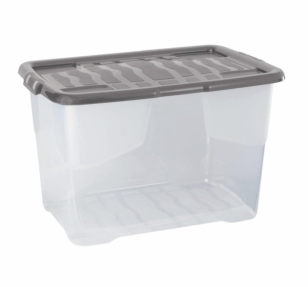 9 x 65 liter Curve Plastic Stapelbare Opbergdoos & Deksel met clip-on deksels, 9 stuks, Multi opbergdoos voor thuis en op kantoor opbergoplossing Clear Box, Grijs Deksel, (37 cm H x 40 cm B x