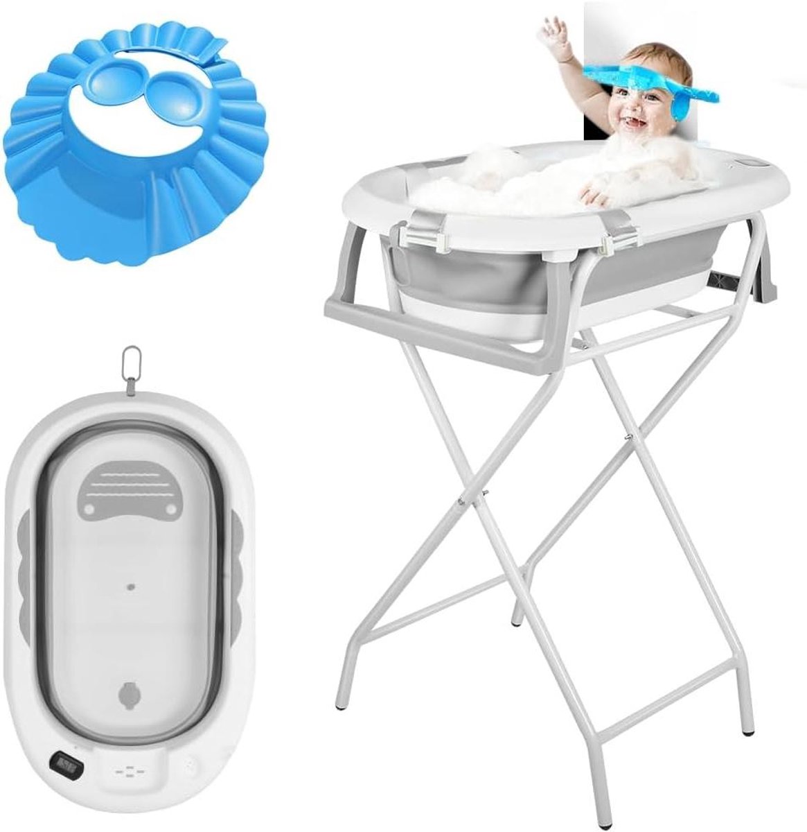 Babybad met standaard - Kinderbad opvouwbaar - Veilig badderen - Ingebouwde thermometer - 82 cm - Grijs