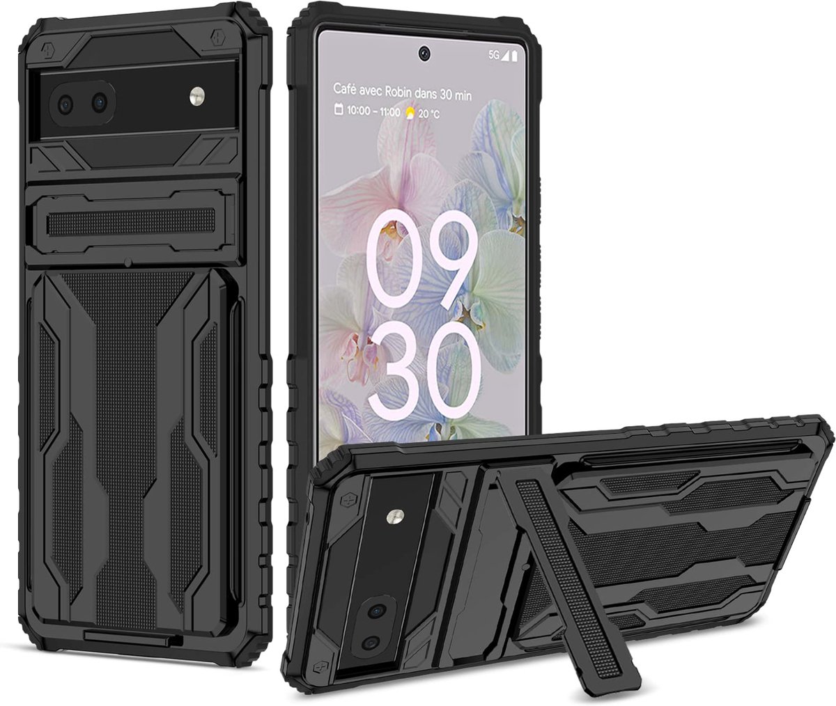 Card Hoes Voor Google Pixel 6a, Harde PC + Zachte TPU + Standaard + Kaarthoes, Schokbestendig, Valbescherming, Militaire Hoes, Ingebouwde Verborgen Standaard, Zwart
