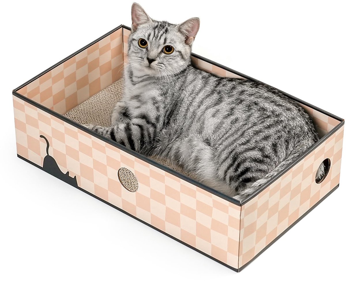 Krabplank voor katten met doos, grote krabbendoos, zwaar dubbelzijdig kartonkrasbestendig, interactieve gaten en rommelvrije bedlounge voor binnenkatten, met kattenkruid (1 stuk, groot