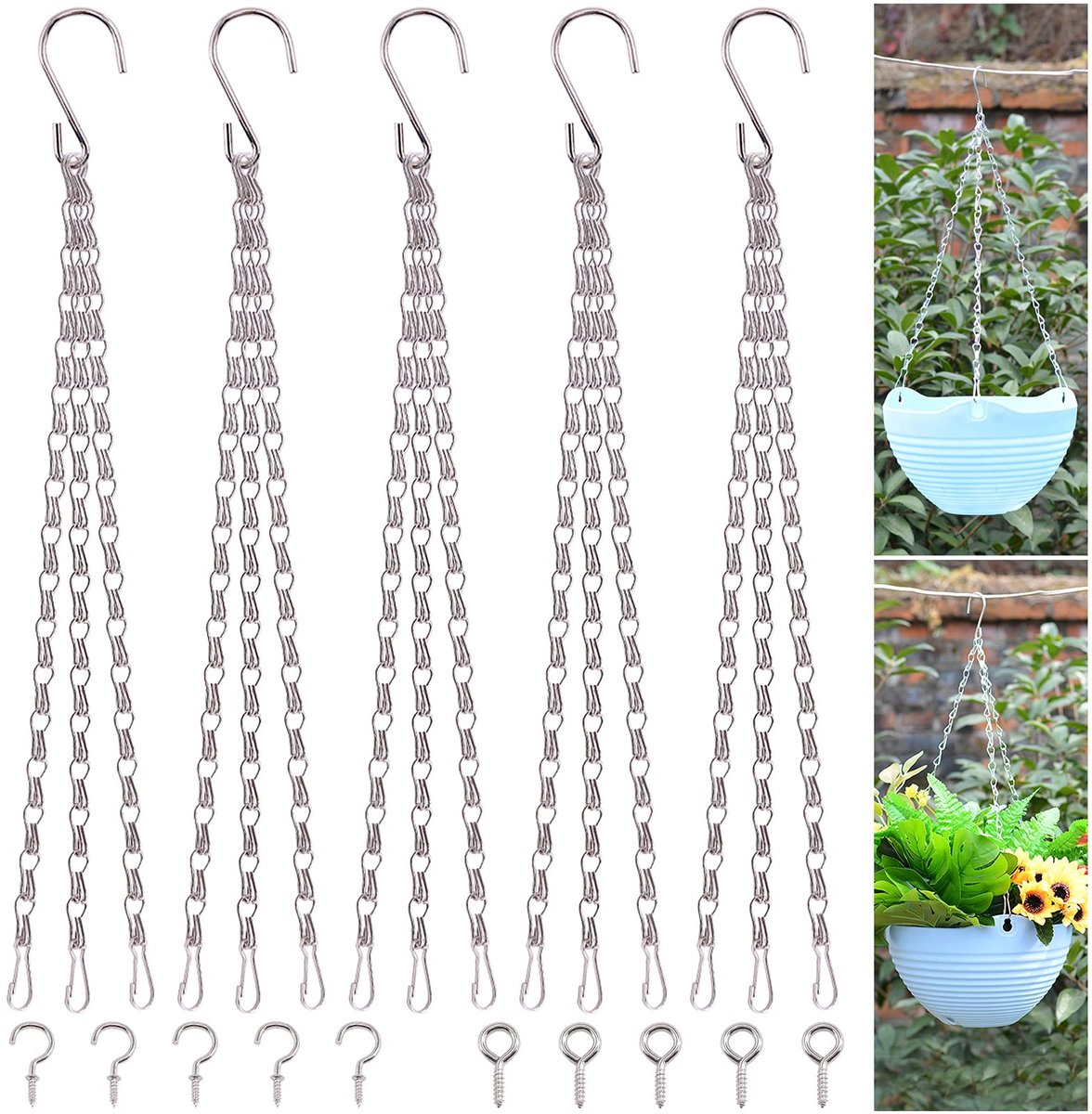 15Pcs 16 Inch Metalen Opknoping Mand Kettingen Set, 5Pcs 3 Punt Bloem Plant Pot Vervanging Kettingen Met 5Pcs Schroef Ogen En 5Pcs Schroef Haken Voor Vogelvoeders, Planters, Lantaarns En Orname