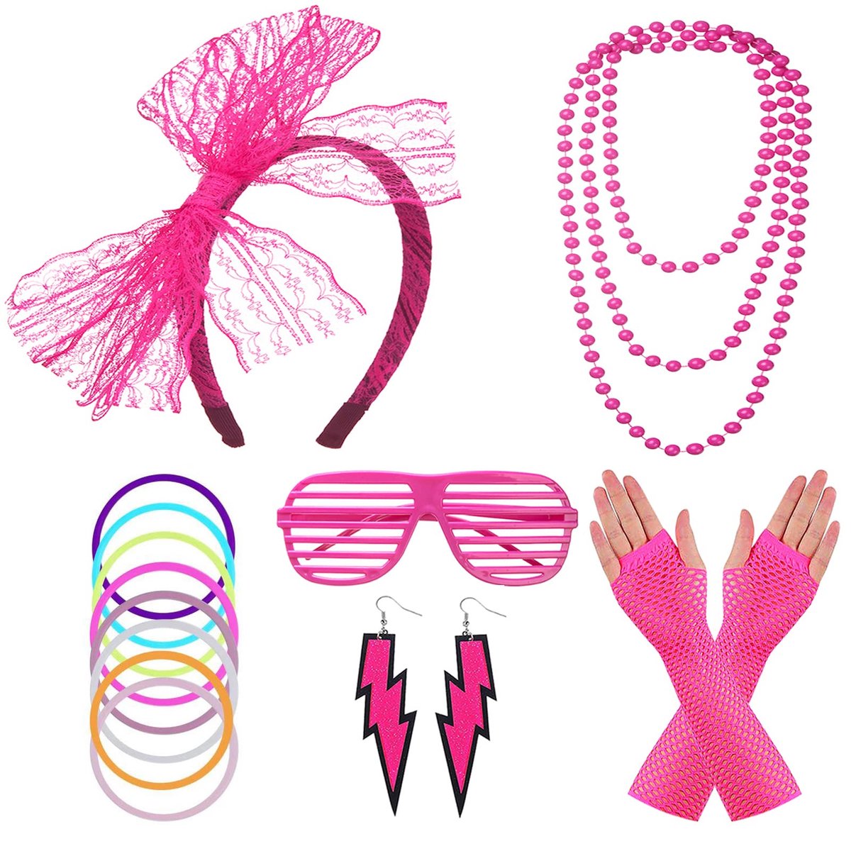 80s Neon Necklaces Bracelets Fishnet Gloves Lace Bow Headband Neon Earrings 80s Fancy Dress Accessories Green Party - ShopVlot