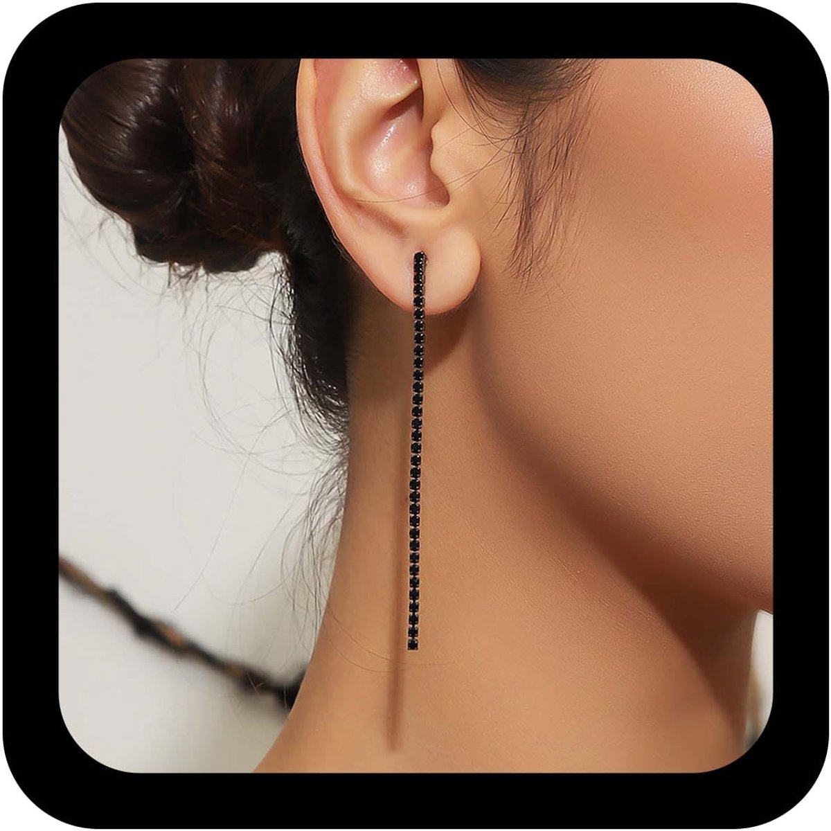 Zwarte Onyx Strass Druppel Oorbellen Ketting Tennis Strass Lange Oorbel Kwastje Cz Lineair Hangen Creëert Onyx Sieraden Voor Vrouwen, Zink, Geen edelsteen