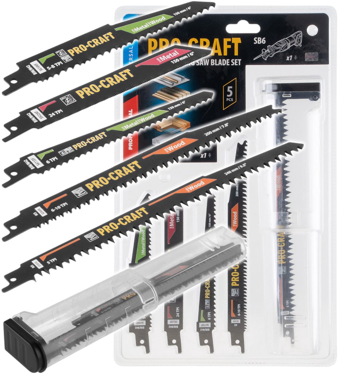 Procraft SB6-reciprozagbladenset, 5-delig, 150 - 240 mm voor hout / metaal / kunststof