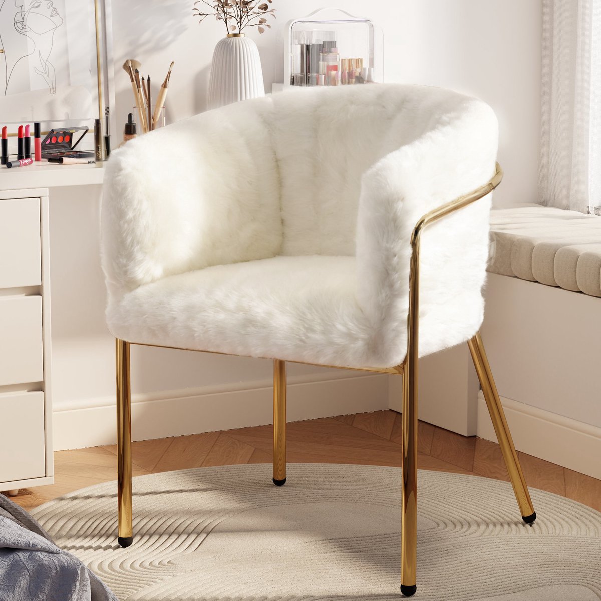 DESMIU Eetkamerstoel 57 x 57 x 77 Cm - Kuipstoel Met Armleuningen En Zachte Bekleding - Voor Eetkamer Woonkamer En Slaapkamer - Stof Wit