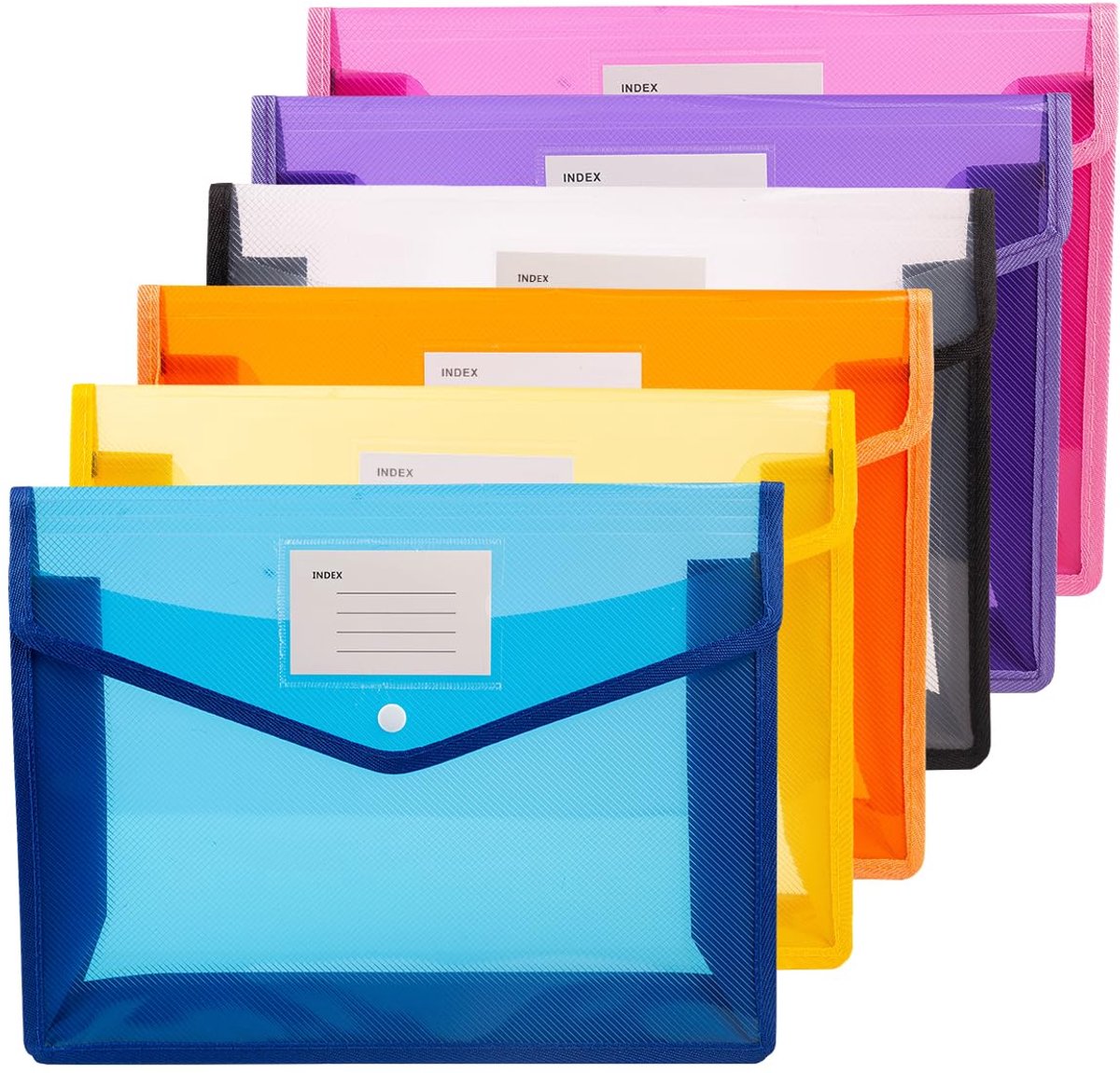 6 stuks in 5 kleuren (oranje, roze, paars, geel, blauw), 33 × 6 × 25 cm, maakt het PP Praktische documentenmap A4 map met drukknop van feyiubmen - Organiseer uw documenten stijlvol.