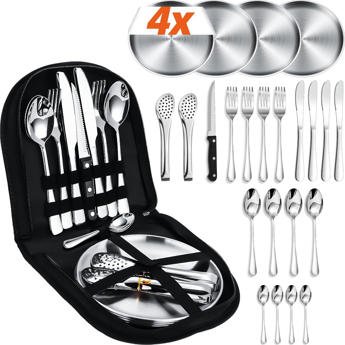 Dailygoods- Bestekset 23-delig - Bestekset 4 personen - Camping Servies - Draagbaar Bestek - Vaatwasmachinebestendig - Inclusief 4 Theelepels - Campingservies
