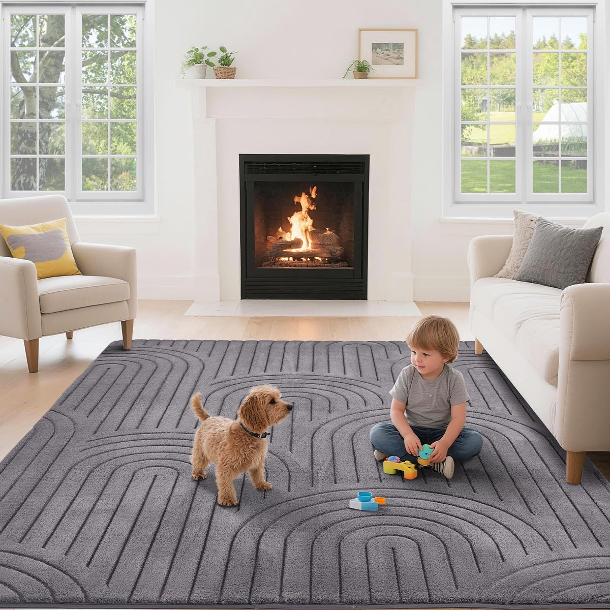 Vloerkleed voor de woonkamer, kortpolig vloerkleed voor de woonkamer, slaapkamer, kinderkamer met hoog-laag-effect, 3D-effect, hoge vloer dichtheid en aangenaam zacht, modern boogvormig ontwerp