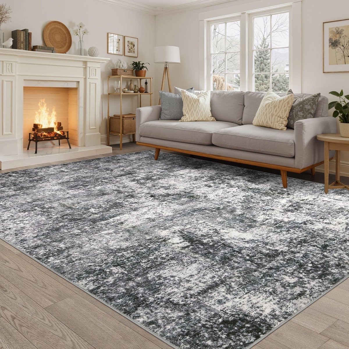 Vloerkleed voor woonkamer - 200 x 300 cm abstract groot zacht wasbaar tapijt voor binnen, neutraal modern laagpolig tapijt voor slaapkamer, eetkamer, boerderij thuiskantoor - grijs
