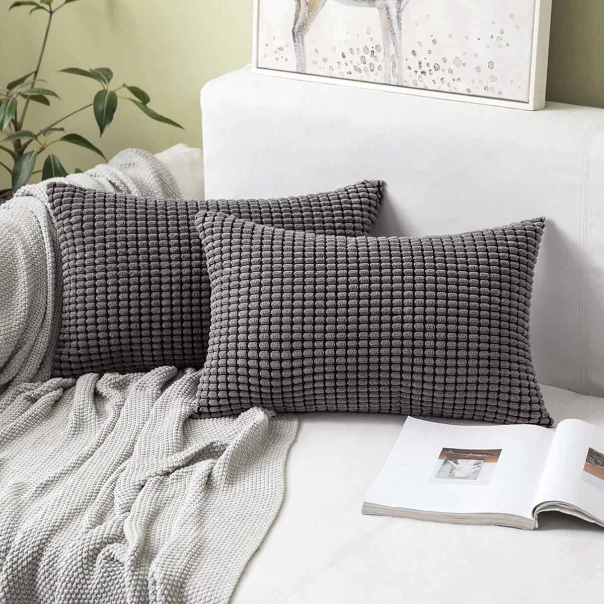 Gestreepte, rechthoekige, corduroy kussensloop, effen kussenhoes voor sofa, stoel, zetel, slaapkamer, decoratieve kussenslopen, 12 x 20 inch/30 x 50 cm, 2 stuks, grijs