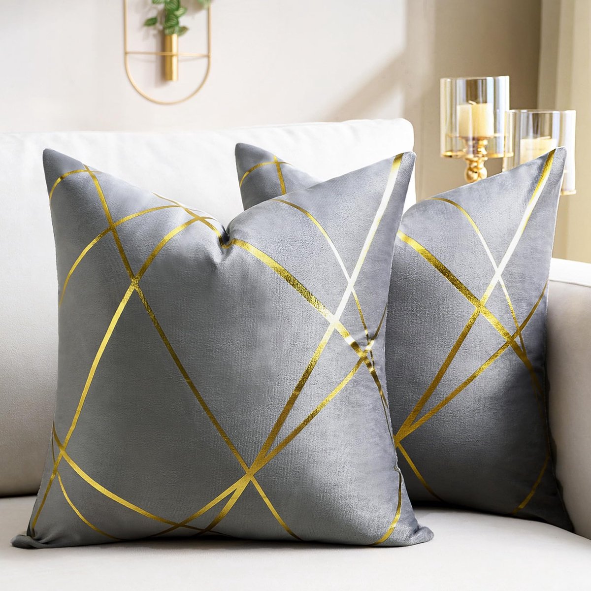 kussenhoezen, 50 x 50 cm, fluweel, goud, geometrisch, vierkant, decoratief, kussenslopen voor bank, bed, woonkamer, decoratie, 2 stuks