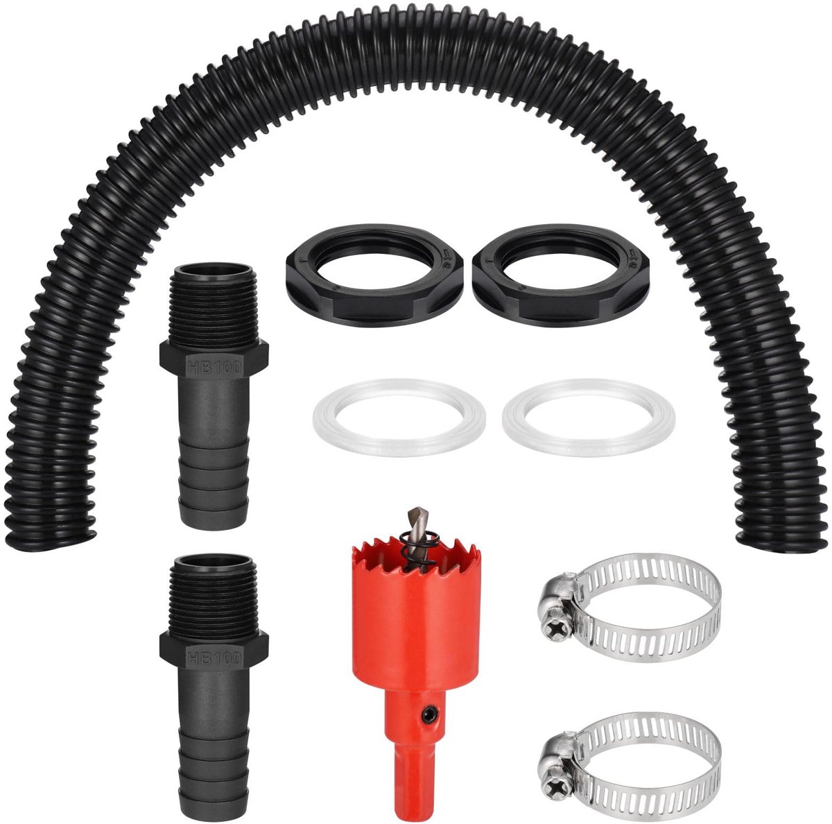 Regenton Aansluitset, Regentonconnector met 50 cm Aansluitslang / 2 Slangkoppelingen 25 mm met Borgmoer Tap, Voor Regentonnen, Watertanks en Stortbakken
