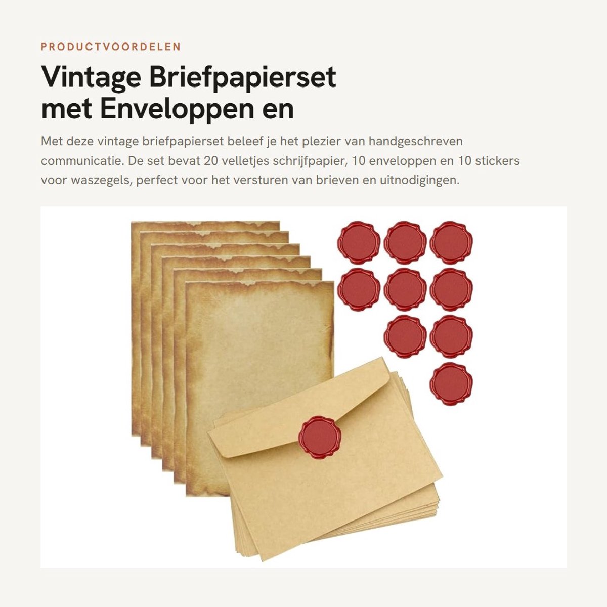 Dailygoods- Briefpapierset Vintage - 20 Vellen Schrijfpapier - 10 Enveloppen - 10 Waszegelstickers - Knutselpapier - Geschikt voor Cadeaus