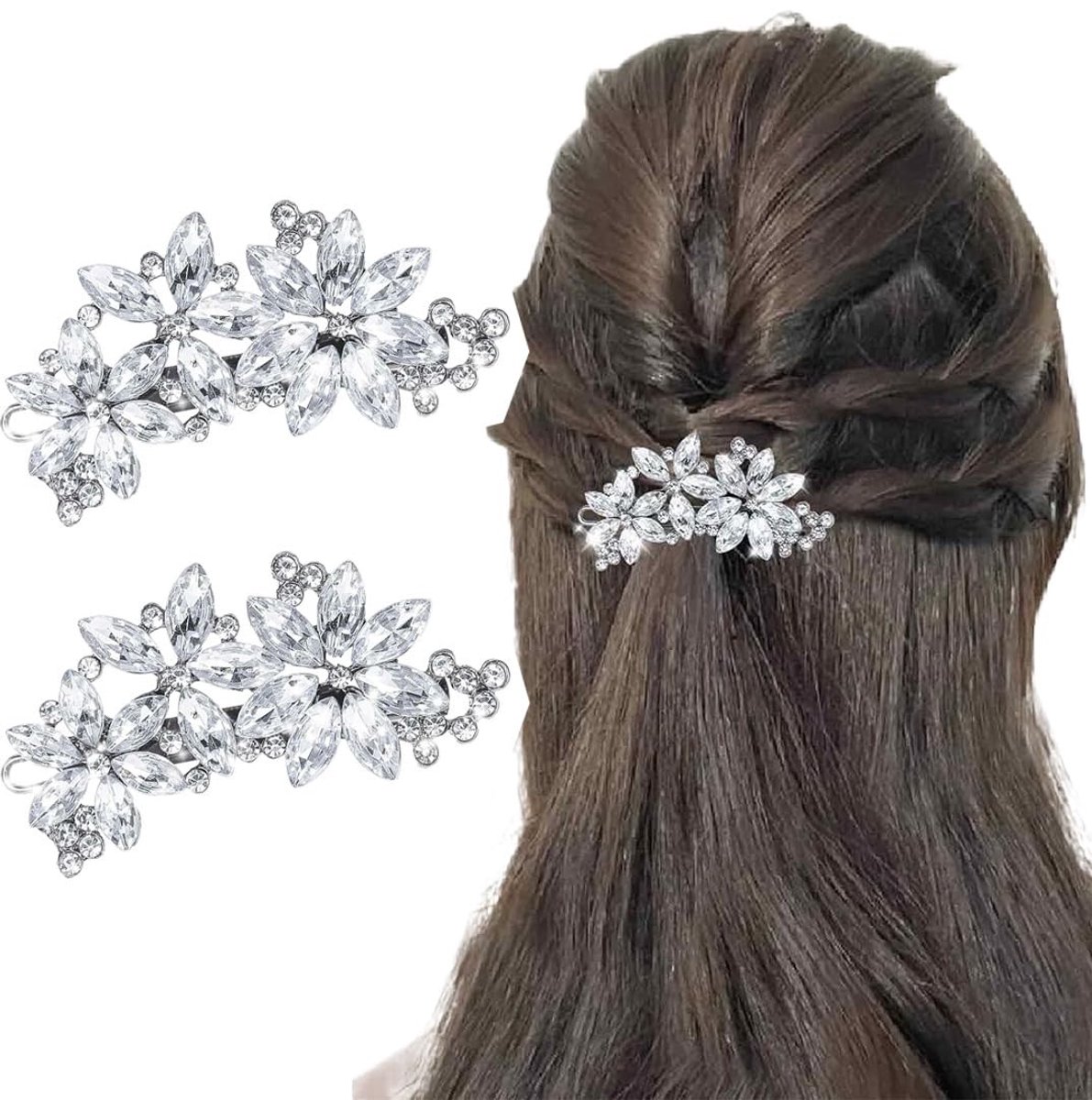Dailygoods- Bruiloftshaarspelden 2 Stuks - Bloem van Kristallen Strassteentjes - Haaraccessoires voor Vrouwen - Geschikt voor Dik Haar - Duurzaam Materiaal - Praktisch Cadeau - Haarspelden
