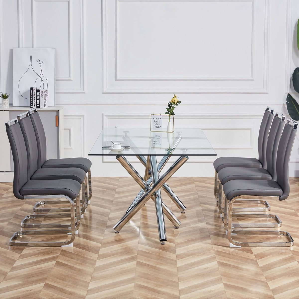 DESMIU Eetkamerstoel - Freischwinger - Set Van 4 - Comfortabel Met Gewatteerde Zitting En Rugleuning - Voor Eetkamer - Kunstleer Grijs